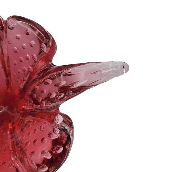 Small Murano Cranberry Art Glass Bowl Controlled Bubble Handle Dish Vintage Red - Picture 9 of 15